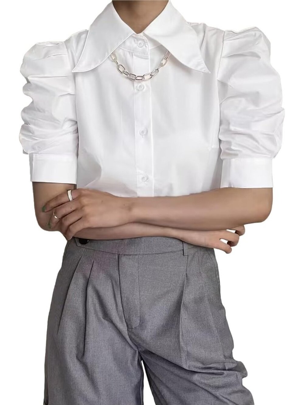 Elegant Ruffled Puff Sleeve Blouse | Pleated Casual Office Top for Women